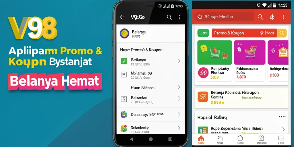 Tampilan antarmuka utama aplikasi V98 dengan berbagai penawaran menarik.
